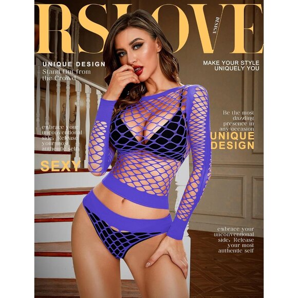 🆕 Women Purple Sexy Mesh Lingerie Fishnet Babydoll Long Sleeve Bodysuit Shirts - Picture 2 of 5